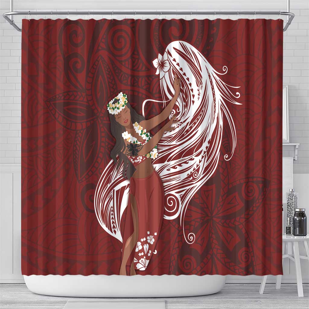 Tahiti Islands Polynesian Plumeria Shower Curtain Tahitian Vahine 'Ote'a - Scarlet LT7 - Polynesian Pride