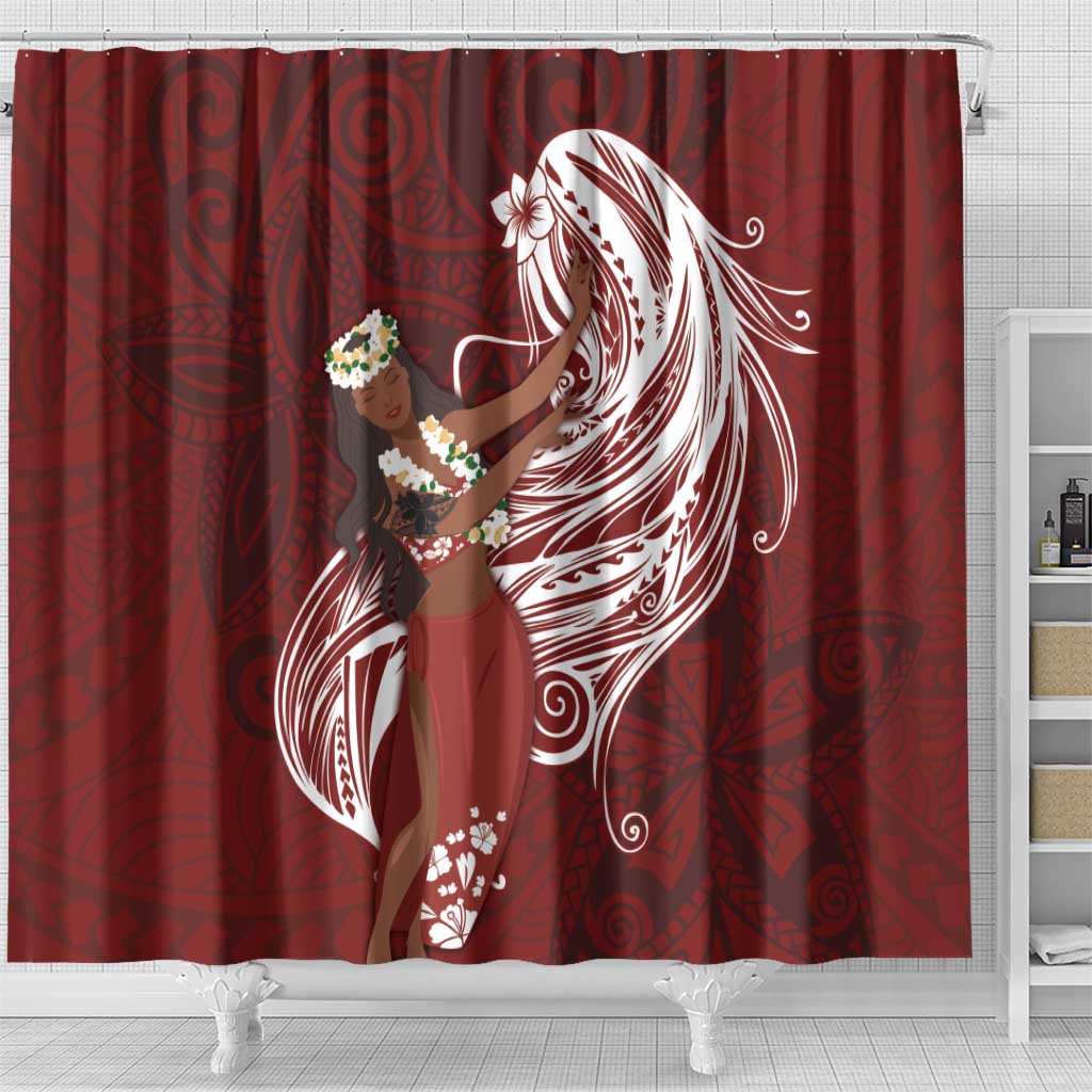 Tahiti Islands Polynesian Plumeria Shower Curtain Tahitian Vahine 'Ote'a - Scarlet LT7 - Polynesian Pride