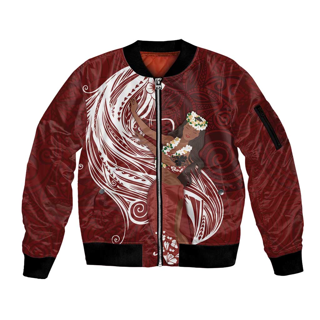 Tahiti Islands Polynesian Plumeria Sleeve Zip Bomber Jacket Tahitian Vahine 'Ote'a - Scarlet LT7 Unisex Red - Polynesian Pride