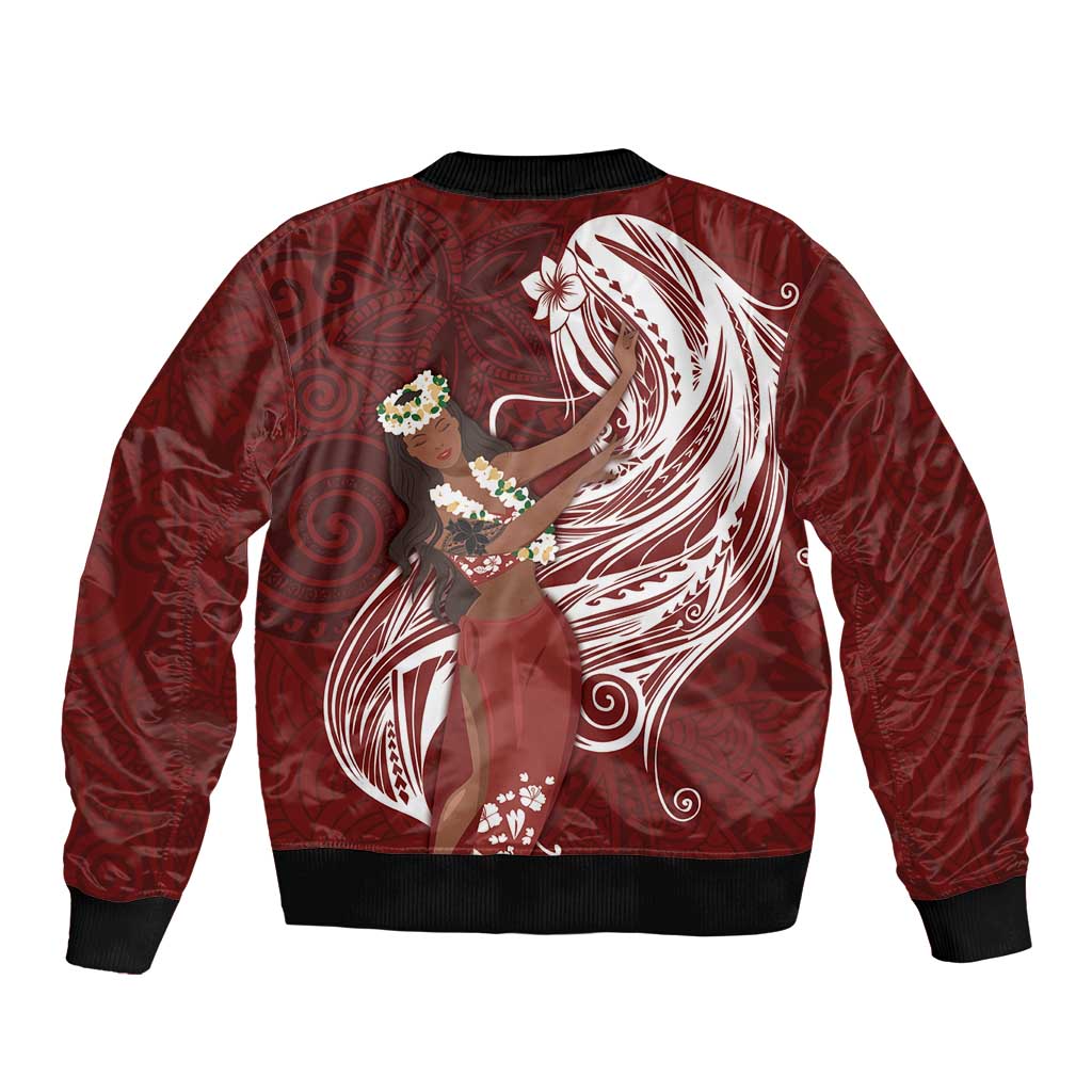 Tahiti Islands Polynesian Plumeria Sleeve Zip Bomber Jacket Tahitian Vahine 'Ote'a - Scarlet LT7 - Polynesian Pride