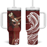 Tahiti Islands Polynesian Plumeria Tumbler With Handle Tahitian Vahine 'Ote'a - Scarlet LT7 One Size: 40 oz Red - Polynesian Pride