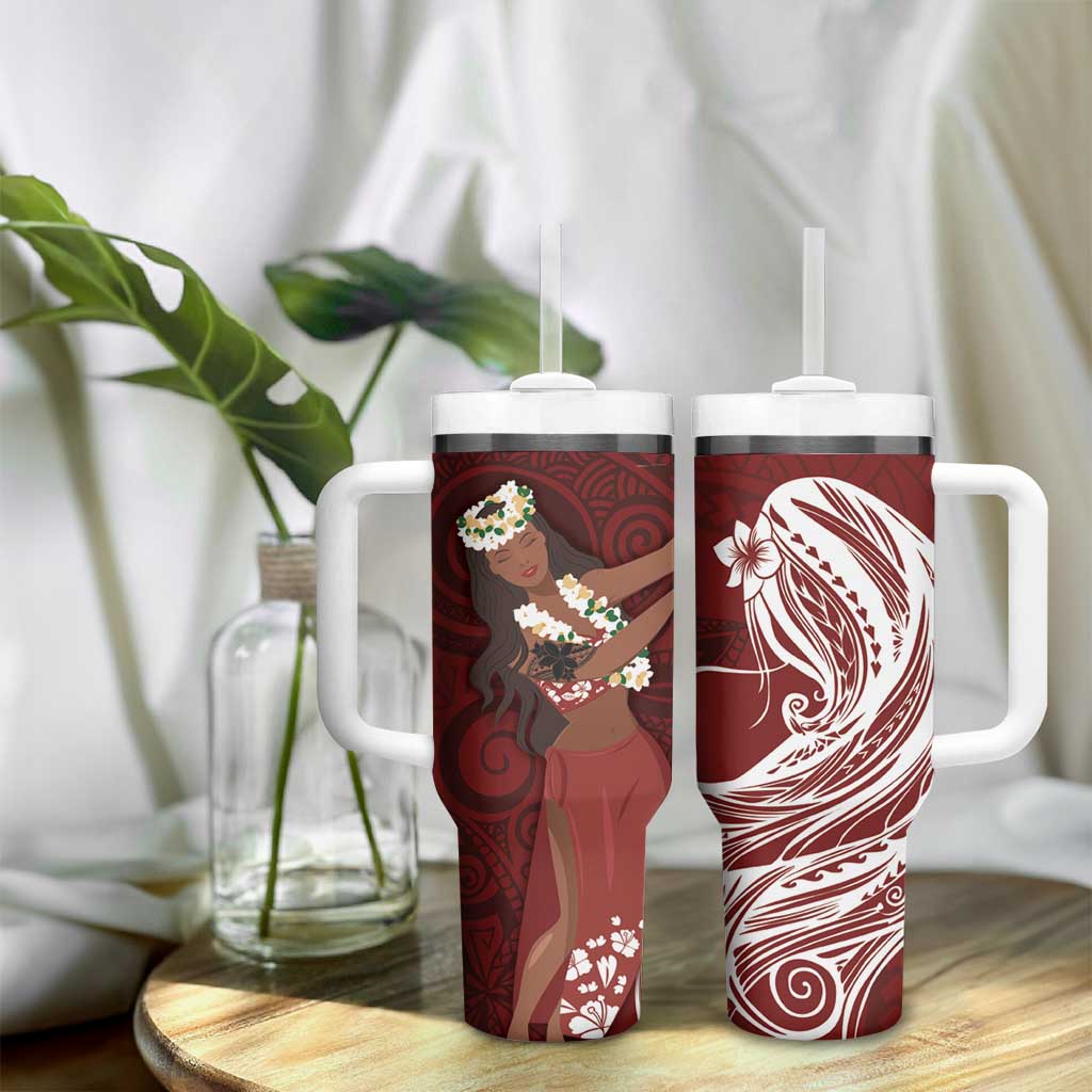 Tahiti Islands Polynesian Plumeria Tumbler With Handle Tahitian Vahine 'Ote'a - Scarlet LT7 - Polynesian Pride