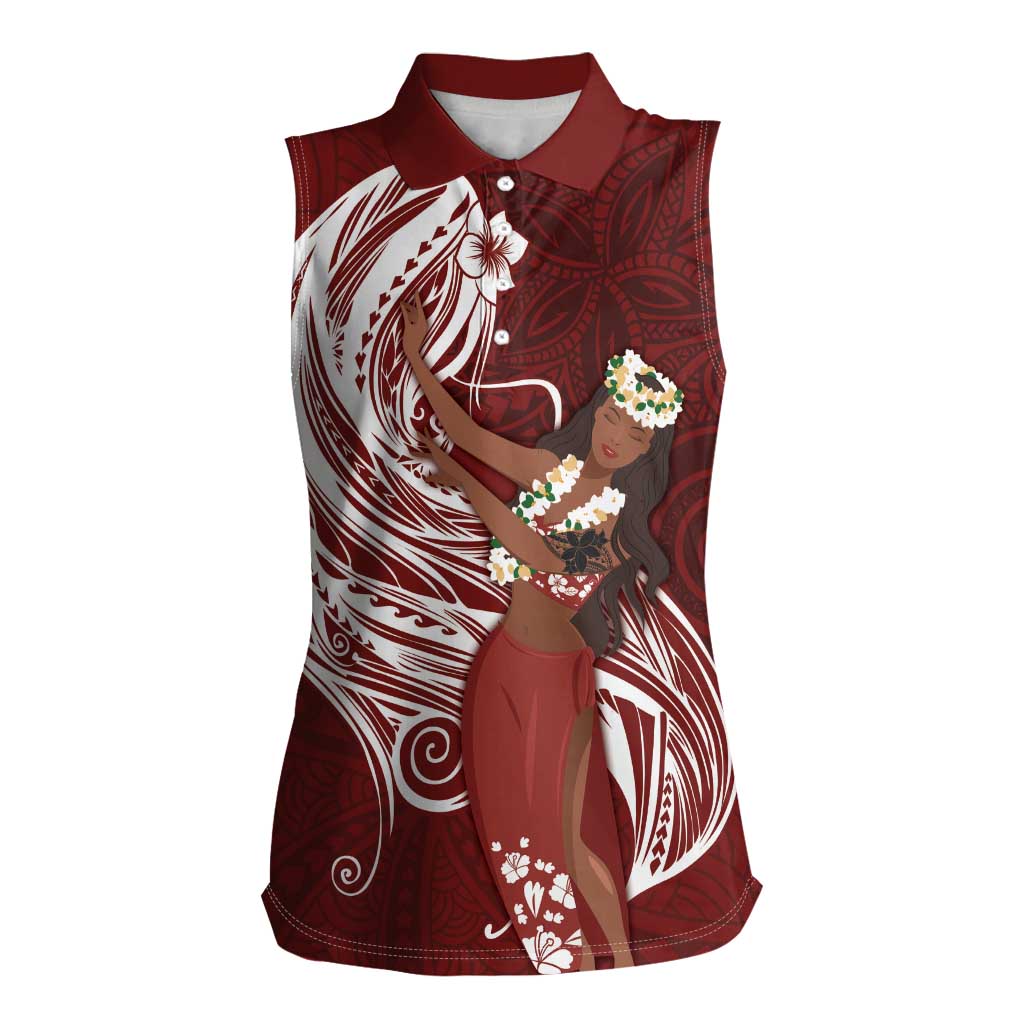 Tahiti Islands Polynesian Plumeria Women Sleeveless Polo Shirt Tahitian Vahine 'Ote'a - Scarlet LT7 Female Red - Polynesian Pride