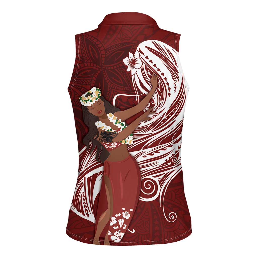 Tahiti Islands Polynesian Plumeria Women Sleeveless Polo Shirt Tahitian Vahine 'Ote'a - Scarlet LT7 - Polynesian Pride