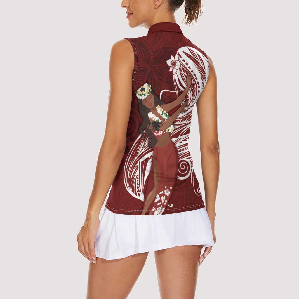Tahiti Islands Polynesian Plumeria Women Sleeveless Polo Shirt Tahitian Vahine 'Ote'a - Scarlet LT7 - Polynesian Pride