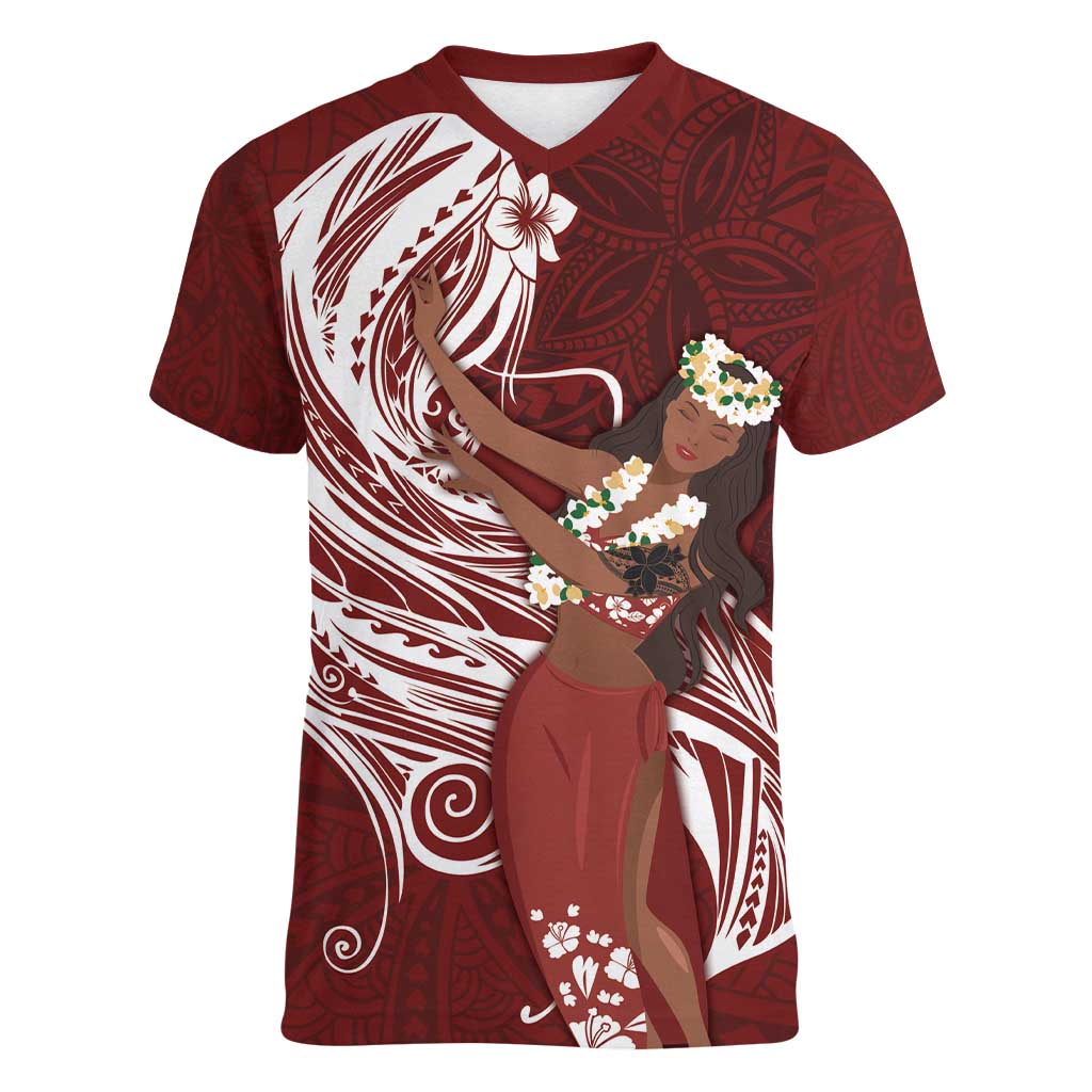 Tahiti Islands Polynesian Plumeria Women V-Neck T-Shirt Tahitian Vahine 'Ote'a - Scarlet LT7 Female Red - Polynesian Pride