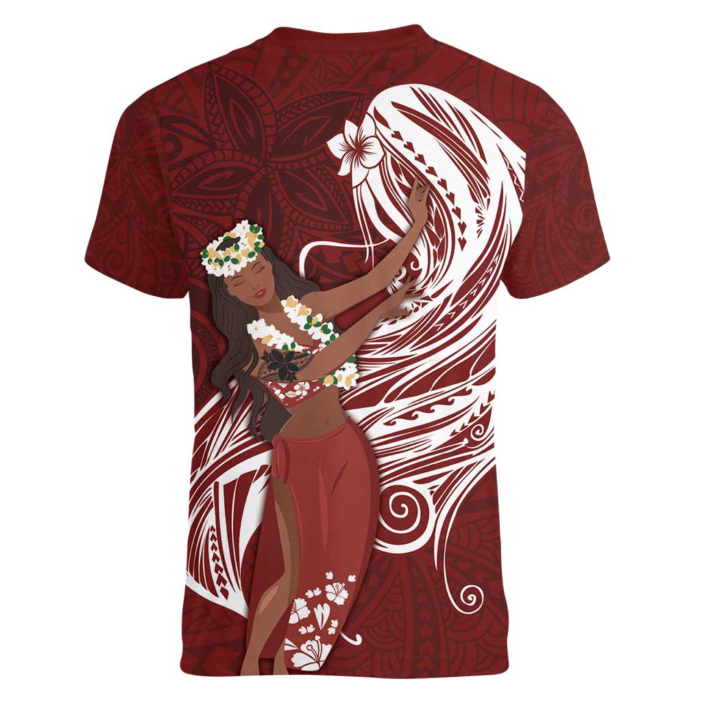 Tahiti Islands Polynesian Plumeria Women V-Neck T-Shirt Tahitian Vahine 'Ote'a - Scarlet LT7 - Polynesian Pride