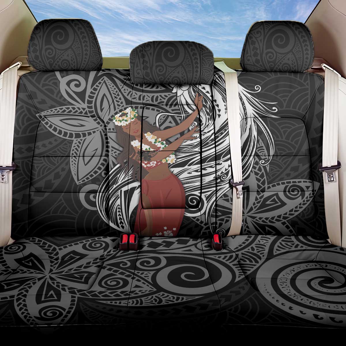 Tahiti Islands Polynesian Plumeria Back Car Seat Cover Tahitian Vahine 'Ote'a - Black LT7 One Size Black - Polynesian Pride