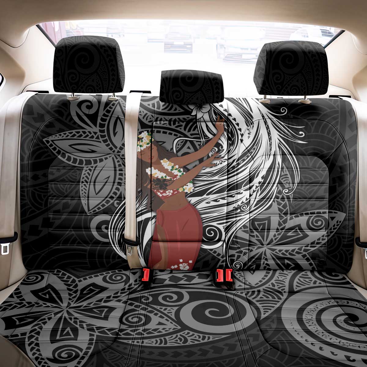 Tahiti Islands Polynesian Plumeria Back Car Seat Cover Tahitian Vahine 'Ote'a - Black LT7 - Polynesian Pride