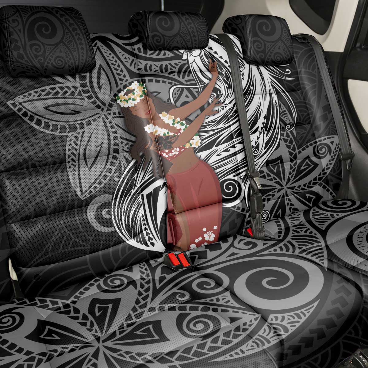 Tahiti Islands Polynesian Plumeria Back Car Seat Cover Tahitian Vahine 'Ote'a - Black LT7 - Polynesian Pride