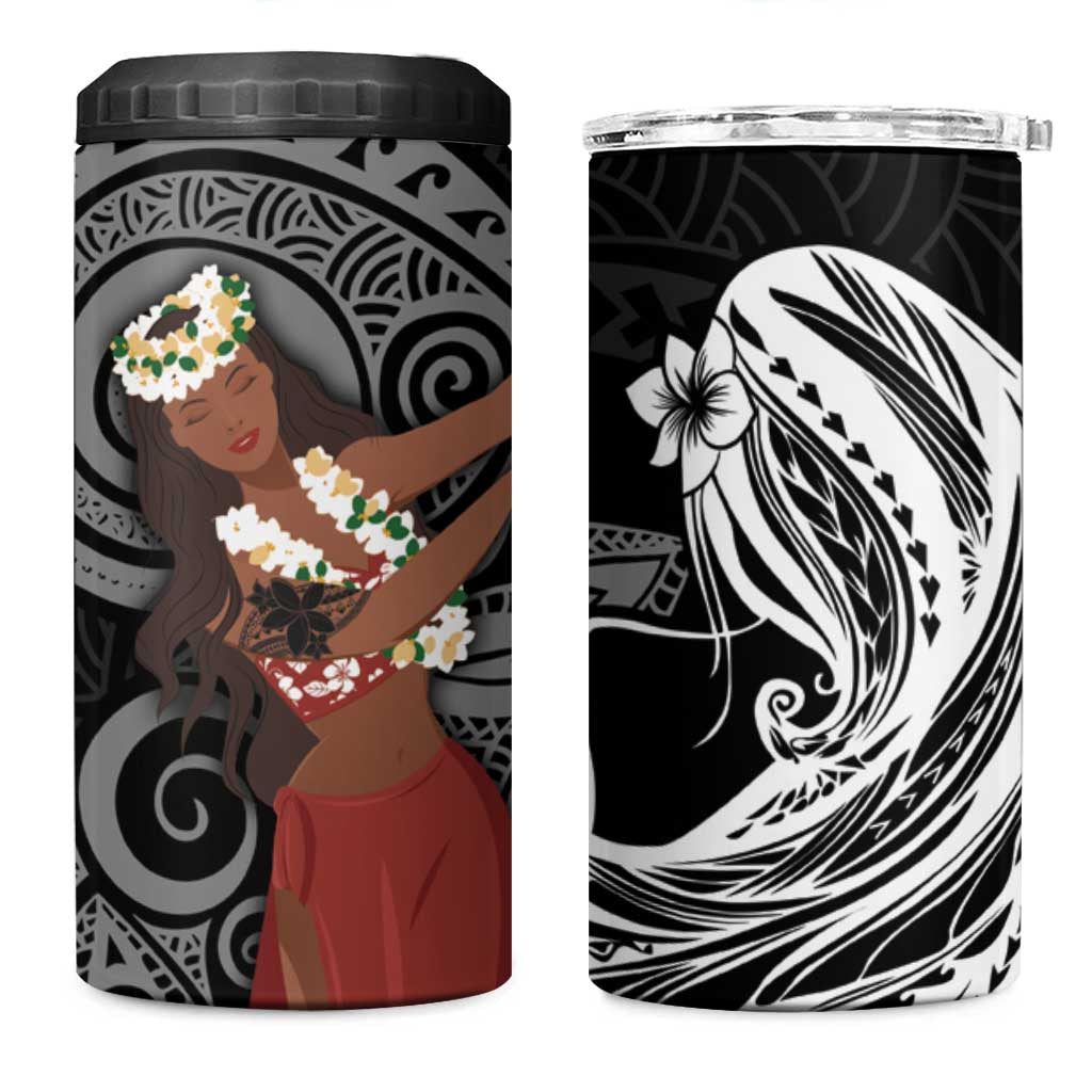 Tahiti Islands Polynesian Plumeria 4 in 1 Can Cooler Tumbler Tahitian Vahine 'Ote'a - Black LT7 One Size: 16 oz Black - Polynesian Pride