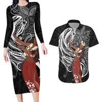 Tahiti Islands Polynesian Plumeria Couples Matching Long Sleeve Bodycon Dress and Hawaiian Shirt Tahitian Vahine 'Ote'a - Black LT7 Black - Polynesian Pride
