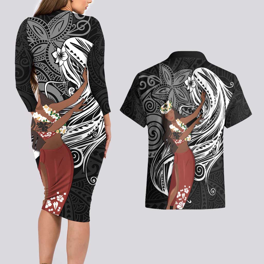 Tahiti Islands Polynesian Plumeria Couples Matching Long Sleeve Bodycon Dress and Hawaiian Shirt Tahitian Vahine 'Ote'a - Black LT7 - Polynesian Pride