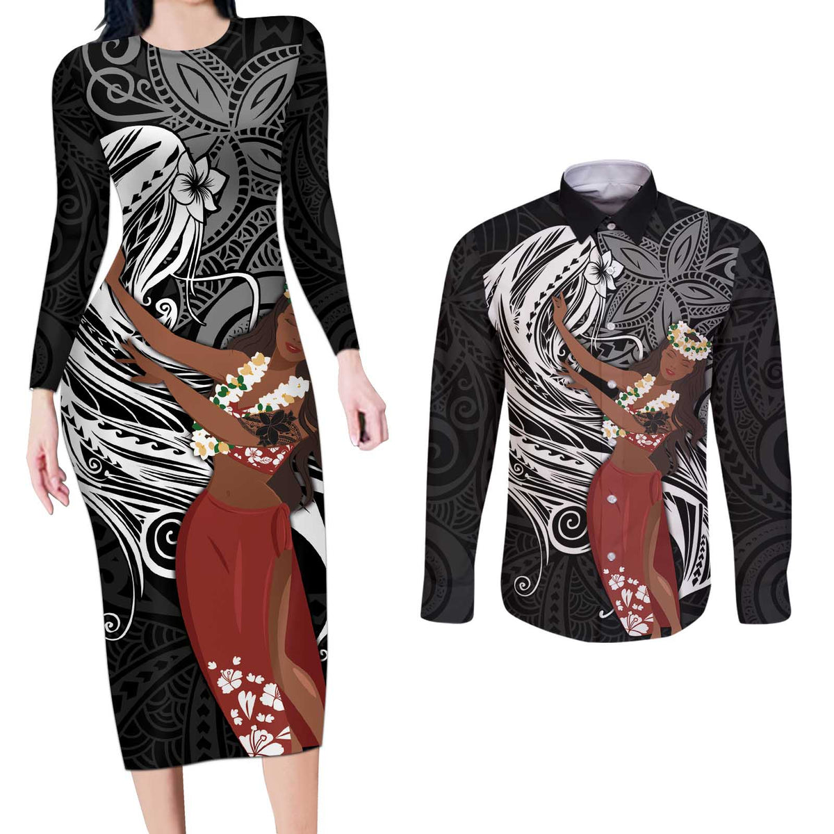 Tahiti Islands Polynesian Plumeria Couples Matching Long Sleeve Bodycon Dress and Long Sleeve Button Shirt Tahitian Vahine 'Ote'a - Black LT7 Black - Polynesian Pride