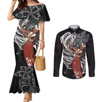 Tahiti Islands Polynesian Plumeria Couples Matching Mermaid Dress and Long Sleeve Button Shirt Tahitian Vahine 'Ote'a - Black LT7 Black - Polynesian Pride