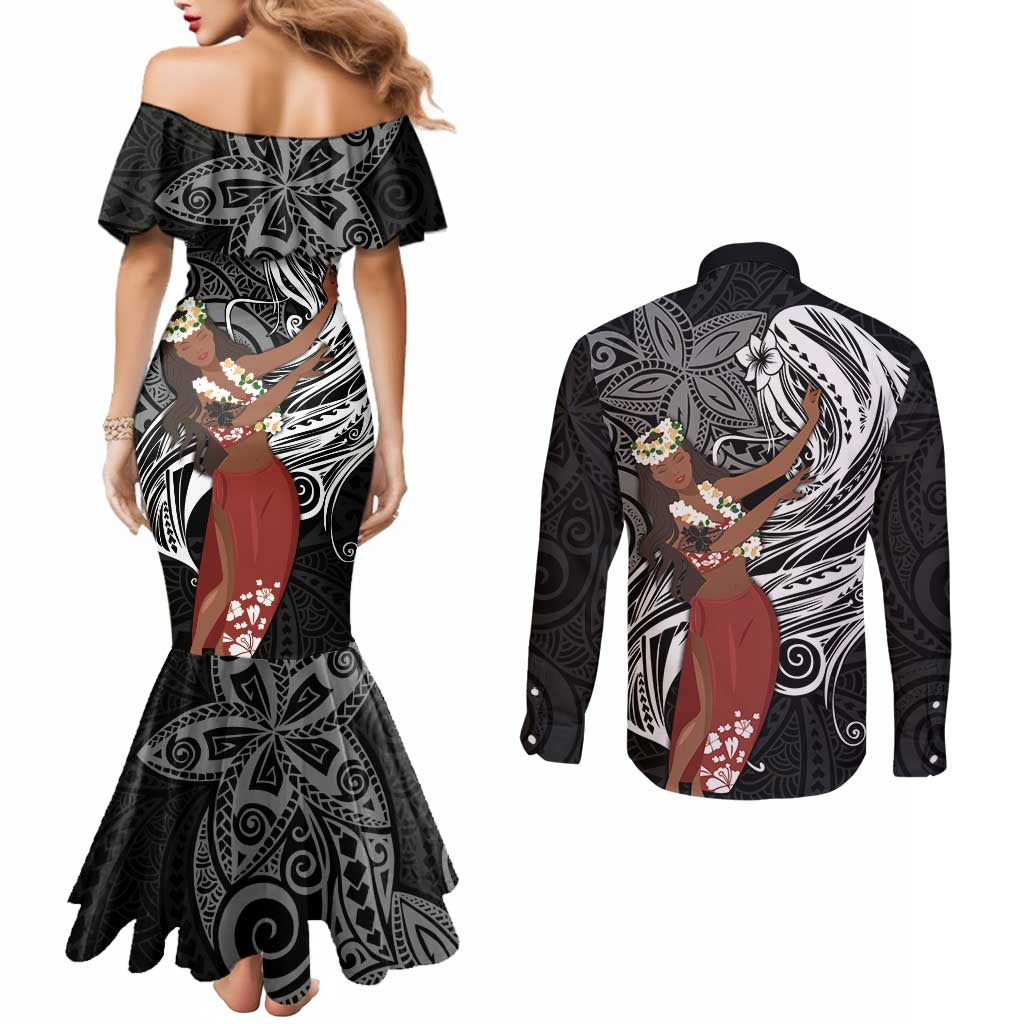 Tahiti Islands Polynesian Plumeria Couples Matching Mermaid Dress and Long Sleeve Button Shirt Tahitian Vahine 'Ote'a - Black LT7 - Polynesian Pride