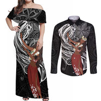Tahiti Islands Polynesian Plumeria Couples Matching Off Shoulder Maxi Dress and Long Sleeve Button Shirt Tahitian Vahine 'Ote'a - Black LT7 Black - Polynesian Pride
