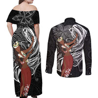 Tahiti Islands Polynesian Plumeria Couples Matching Off Shoulder Maxi Dress and Long Sleeve Button Shirt Tahitian Vahine 'Ote'a - Black LT7 - Polynesian Pride