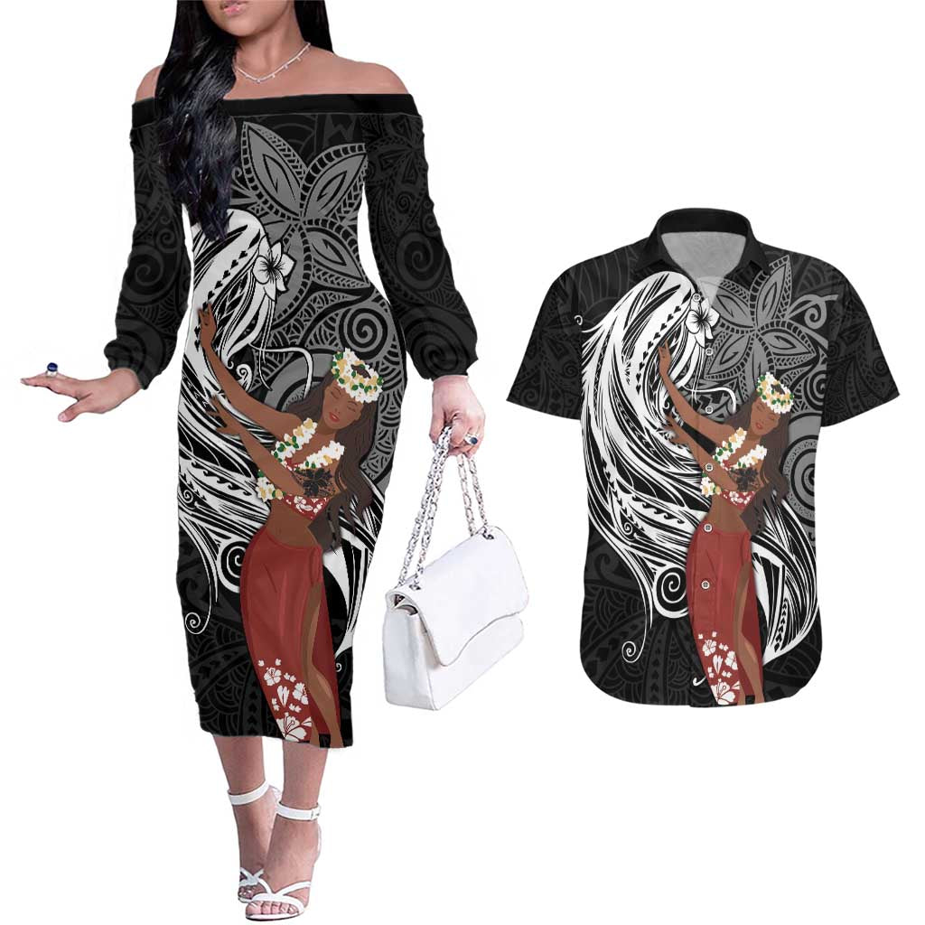 Tahiti Islands Polynesian Plumeria Couples Matching Off The Shoulder Long Sleeve Dress and Hawaiian Shirt Tahitian Vahine 'Ote'a - Black LT7 Black - Polynesian Pride