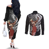 Tahiti Islands Polynesian Plumeria Couples Matching Off The Shoulder Long Sleeve Dress and Long Sleeve Button Shirt Tahitian Vahine 'Ote'a - Black LT7 - Polynesian Pride