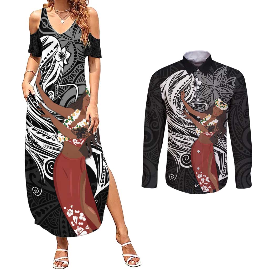 Tahiti Islands Polynesian Plumeria Couples Matching Summer Maxi Dress and Long Sleeve Button Shirt Tahitian Vahine 'Ote'a - Black LT7 Black - Polynesian Pride
