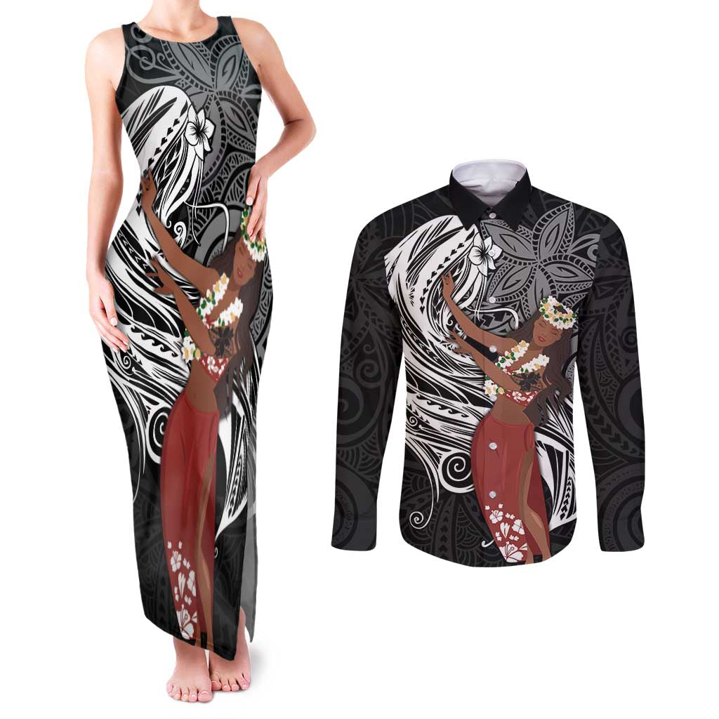 Tahiti Islands Polynesian Plumeria Couples Matching Tank Maxi Dress and Long Sleeve Button Shirt Tahitian Vahine 'Ote'a - Black LT7 Black - Polynesian Pride