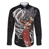 Tahiti Islands Polynesian Plumeria Family Matching Long Sleeve Bodycon Dress and Hawaiian Shirt Tahitian Vahine 'Ote'a - Black LT7 Dad's Shirt - Long Sleeve Black - Polynesian Pride