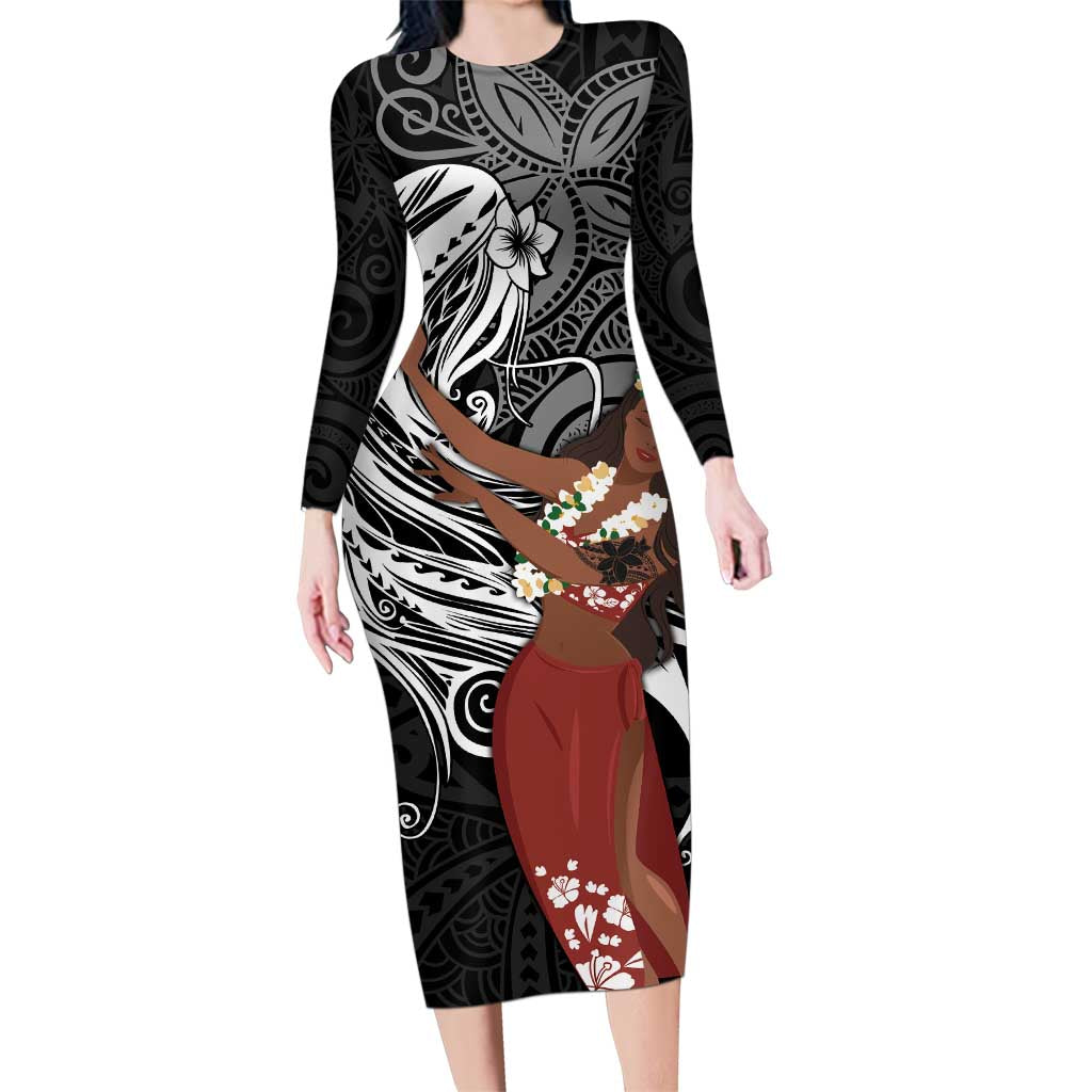 Tahiti Islands Polynesian Plumeria Family Matching Long Sleeve Bodycon Dress and Hawaiian Shirt Tahitian Vahine 'Ote'a - Black LT7 Mom's Dress Black - Polynesian Pride