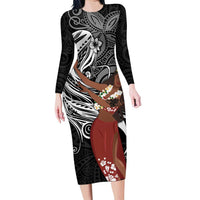 Tahiti Islands Polynesian Plumeria Family Matching Long Sleeve Bodycon Dress and Hawaiian Shirt Tahitian Vahine 'Ote'a - Black LT7 Mom's Dress Black - Polynesian Pride