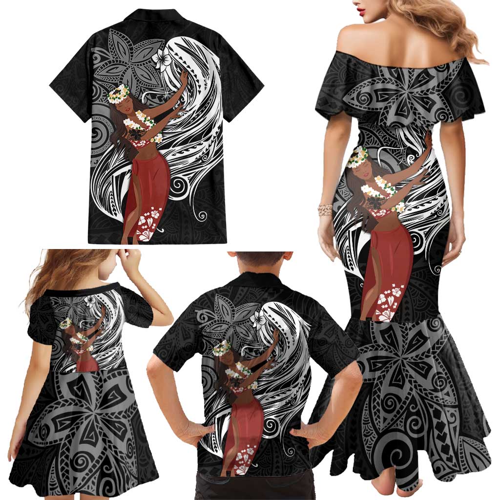 Tahiti Islands Polynesian Plumeria Family Matching Mermaid Dress and Hawaiian Shirt Tahitian Vahine 'Ote'a - Black LT7 - Polynesian Pride