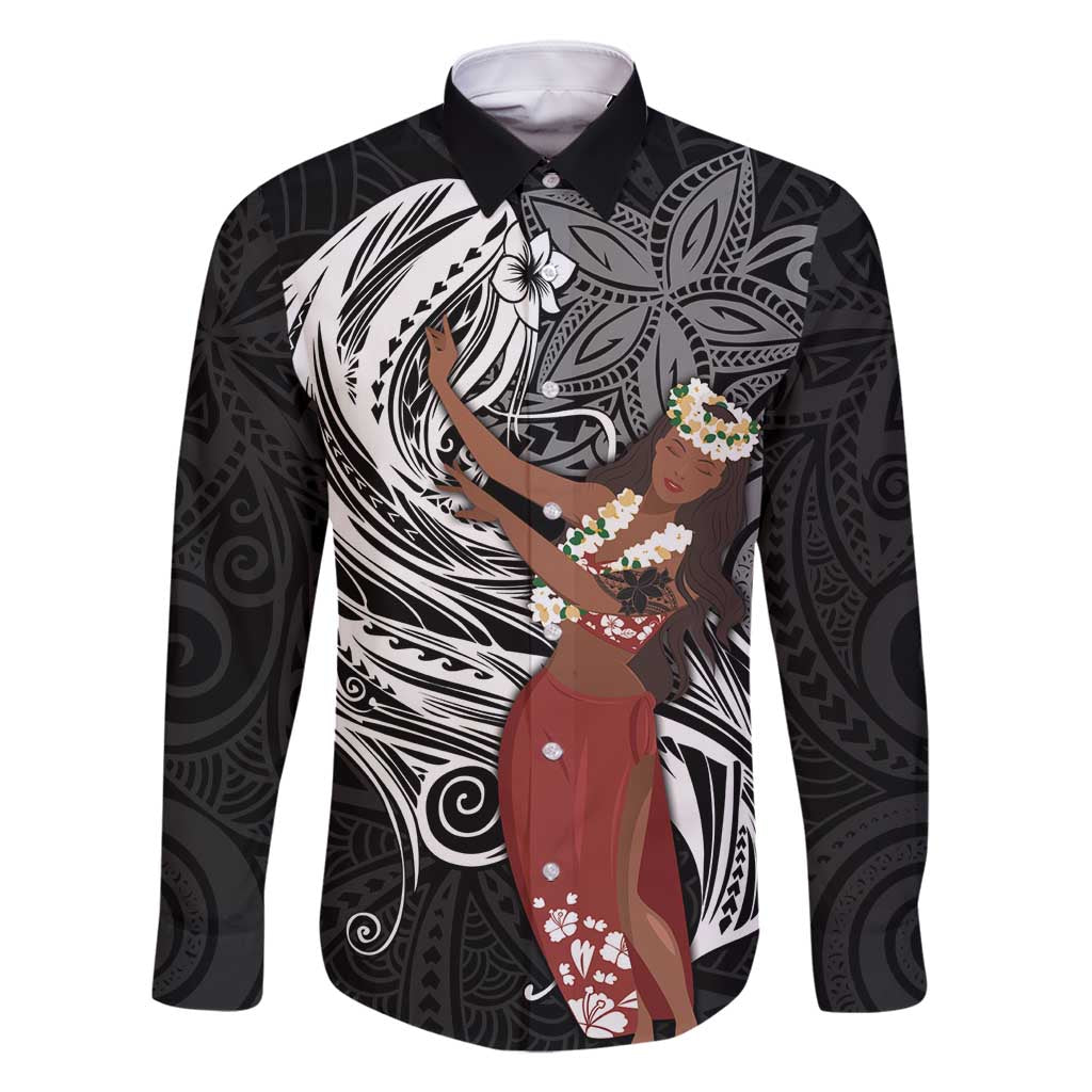 Tahiti Islands Polynesian Plumeria Family Matching Mermaid Dress and Hawaiian Shirt Tahitian Vahine 'Ote'a - Black LT7 Dad's Shirt - Long Sleeve Black - Polynesian Pride