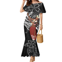 Tahiti Islands Polynesian Plumeria Family Matching Mermaid Dress and Hawaiian Shirt Tahitian Vahine 'Ote'a - Black LT7 Mom's Dress Black - Polynesian Pride