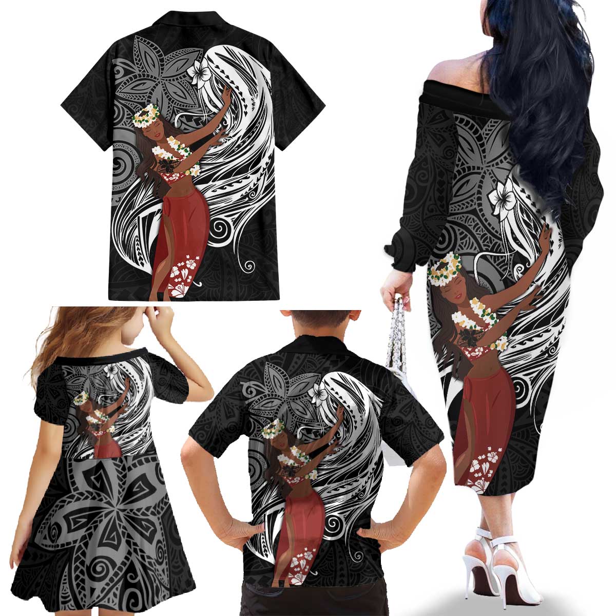 Tahiti Islands Polynesian Plumeria Family Matching Off The Shoulder Long Sleeve Dress and Hawaiian Shirt Tahitian Vahine 'Ote'a - Black LT7 - Polynesian Pride