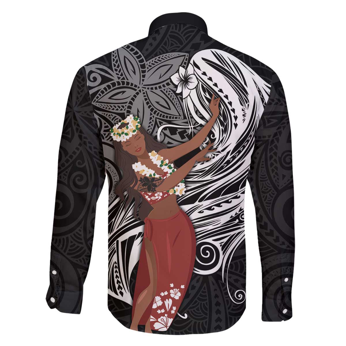 Tahiti Islands Polynesian Plumeria Family Matching Off The Shoulder Long Sleeve Dress and Hawaiian Shirt Tahitian Vahine 'Ote'a - Black LT7 - Polynesian Pride