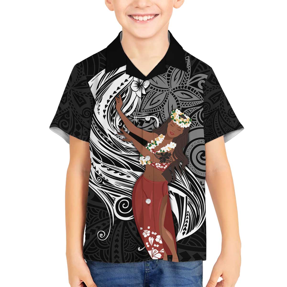 Tahiti Islands Polynesian Plumeria Family Matching Off The Shoulder Long Sleeve Dress and Hawaiian Shirt Tahitian Vahine 'Ote'a - Black LT7 Son's Shirt Black - Polynesian Pride