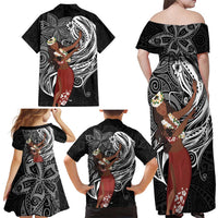 Tahiti Islands Polynesian Plumeria Family Matching Off Shoulder Maxi Dress and Hawaiian Shirt Tahitian Vahine 'Ote'a - Black LT7 - Polynesian Pride