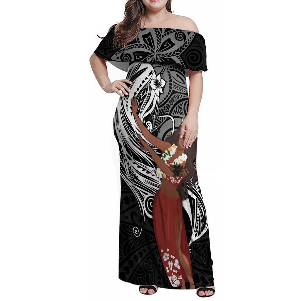 Tahiti Islands Polynesian Plumeria Family Matching Off Shoulder Maxi Dress and Hawaiian Shirt Tahitian Vahine 'Ote'a - Black LT7 Mom's Dress Black - Polynesian Pride