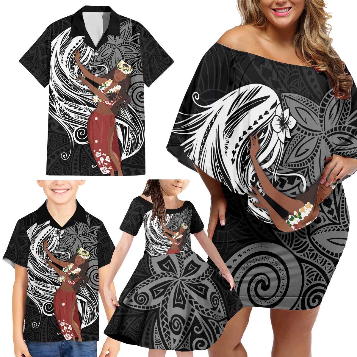 Tahiti Islands Polynesian Plumeria Family Matching Off Shoulder Short Dress and Hawaiian Shirt Tahitian Vahine 'Ote'a - Black LT7 - Polynesian Pride