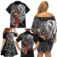 Tahiti Islands Polynesian Plumeria Family Matching Off Shoulder Short Dress and Hawaiian Shirt Tahitian Vahine 'Ote'a - Black LT7 - Polynesian Pride