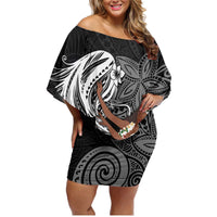 Tahiti Islands Polynesian Plumeria Family Matching Off Shoulder Short Dress and Hawaiian Shirt Tahitian Vahine 'Ote'a - Black LT7 Mom's Dress Black - Polynesian Pride