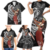Tahiti Islands Polynesian Plumeria Family Matching Short Sleeve Bodycon Dress and Hawaiian Shirt Tahitian Vahine 'Ote'a - Black LT7 - Polynesian Pride