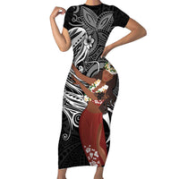 Tahiti Islands Polynesian Plumeria Family Matching Short Sleeve Bodycon Dress and Hawaiian Shirt Tahitian Vahine 'Ote'a - Black LT7 Mom's Dress Black - Polynesian Pride