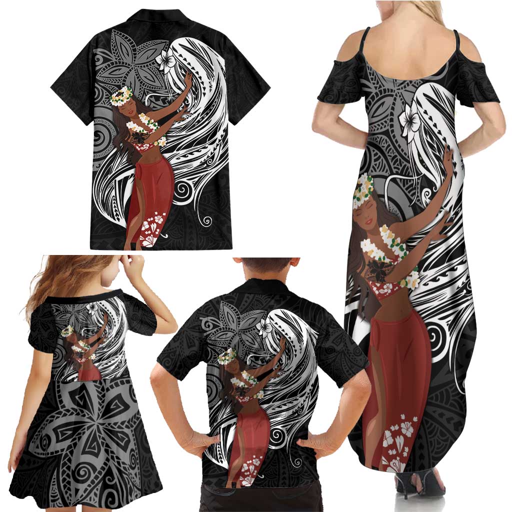 Tahiti Islands Polynesian Plumeria Family Matching Summer Maxi Dress and Hawaiian Shirt Tahitian Vahine 'Ote'a - Black LT7 - Polynesian Pride