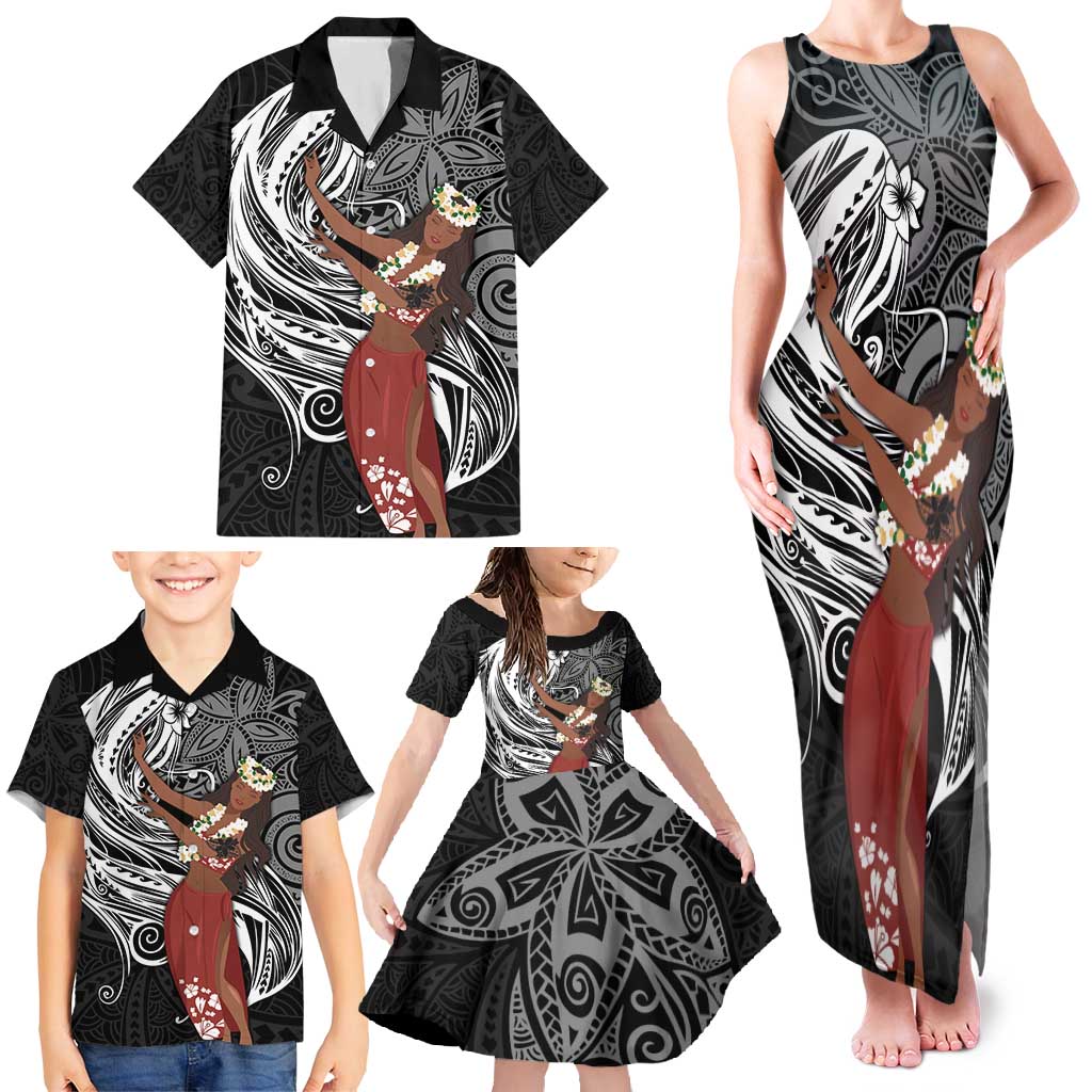 Tahiti Islands Polynesian Plumeria Family Matching Tank Maxi Dress and Hawaiian Shirt Tahitian Vahine 'Ote'a - Black LT7 - Polynesian Pride