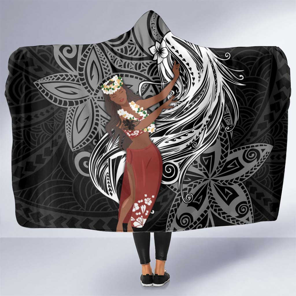 Tahiti Islands Polynesian Plumeria Hooded Blanket Tahitian Vahine 'Ote'a - Black LT7 One Size Black - Polynesian Pride