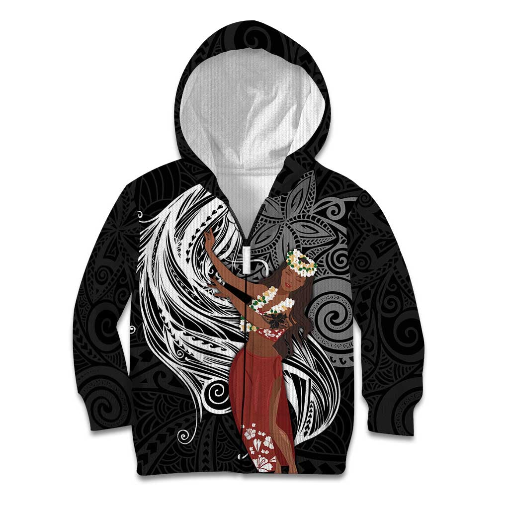 Tahiti Islands Polynesian Plumeria Kid Hoodie Tahitian Vahine 'Ote'a - Black LT7 Zip Hoodie Black - Polynesian Pride