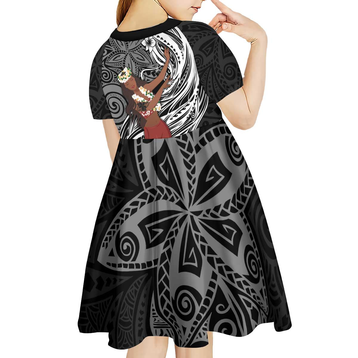 Tahiti Islands Polynesian Plumeria Kid Short Sleeve Dress Tahitian Vahine 'Ote'a - Black LT7 - Polynesian Pride