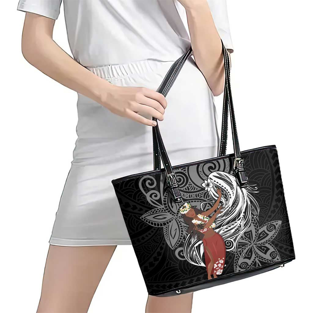 Tahiti Islands Polynesian Plumeria Leather Tote Bag Tahitian Vahine 'Ote'a - Black LT7 - Polynesian Pride
