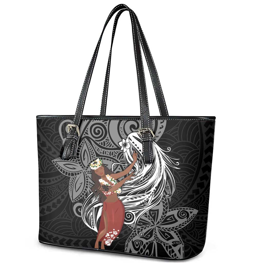Tahiti Islands Polynesian Plumeria Leather Tote Bag Tahitian Vahine 'Ote'a - Black LT7 - Polynesian Pride