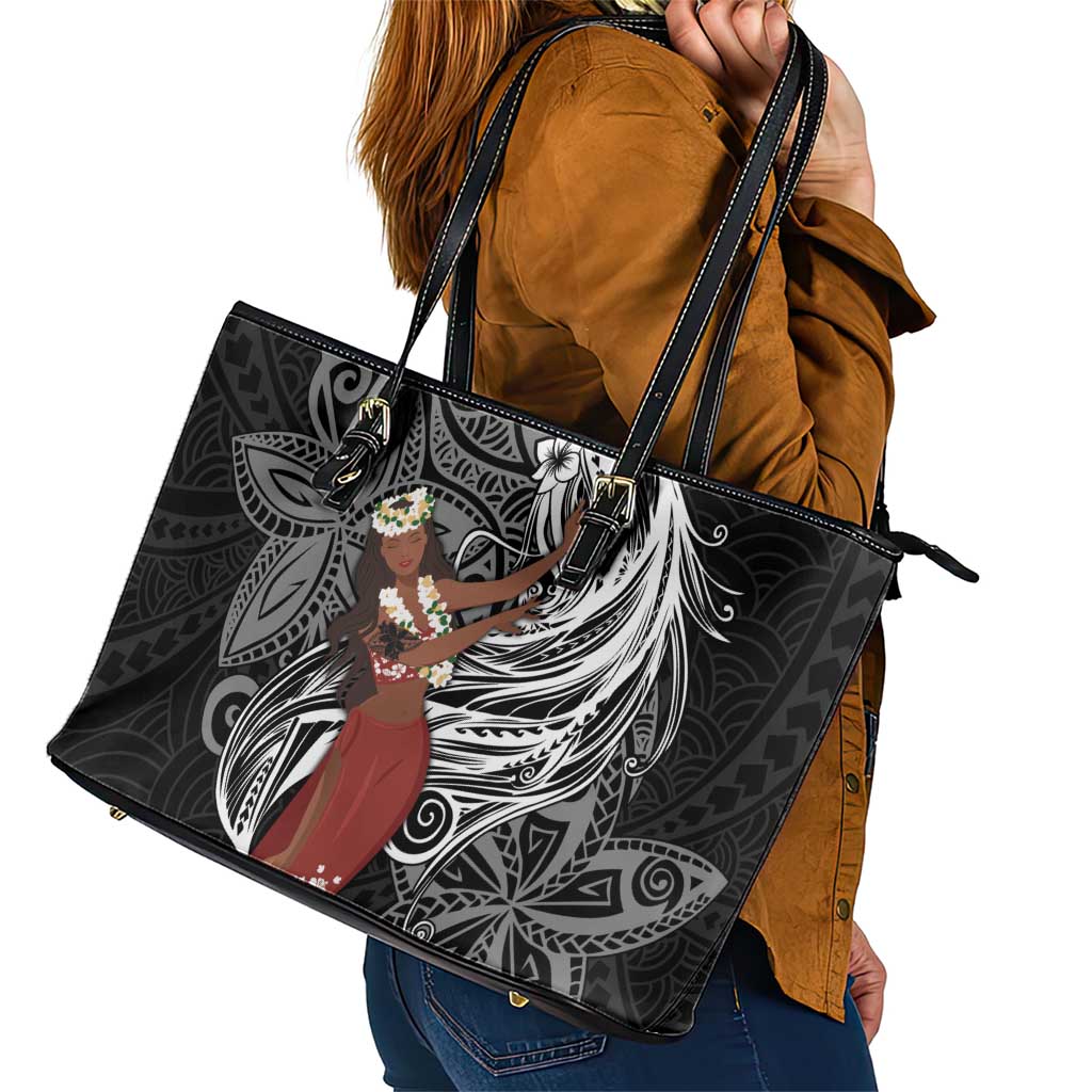 Tahiti Islands Polynesian Plumeria Leather Tote Bag Tahitian Vahine 'Ote'a - Black LT7 - Polynesian Pride